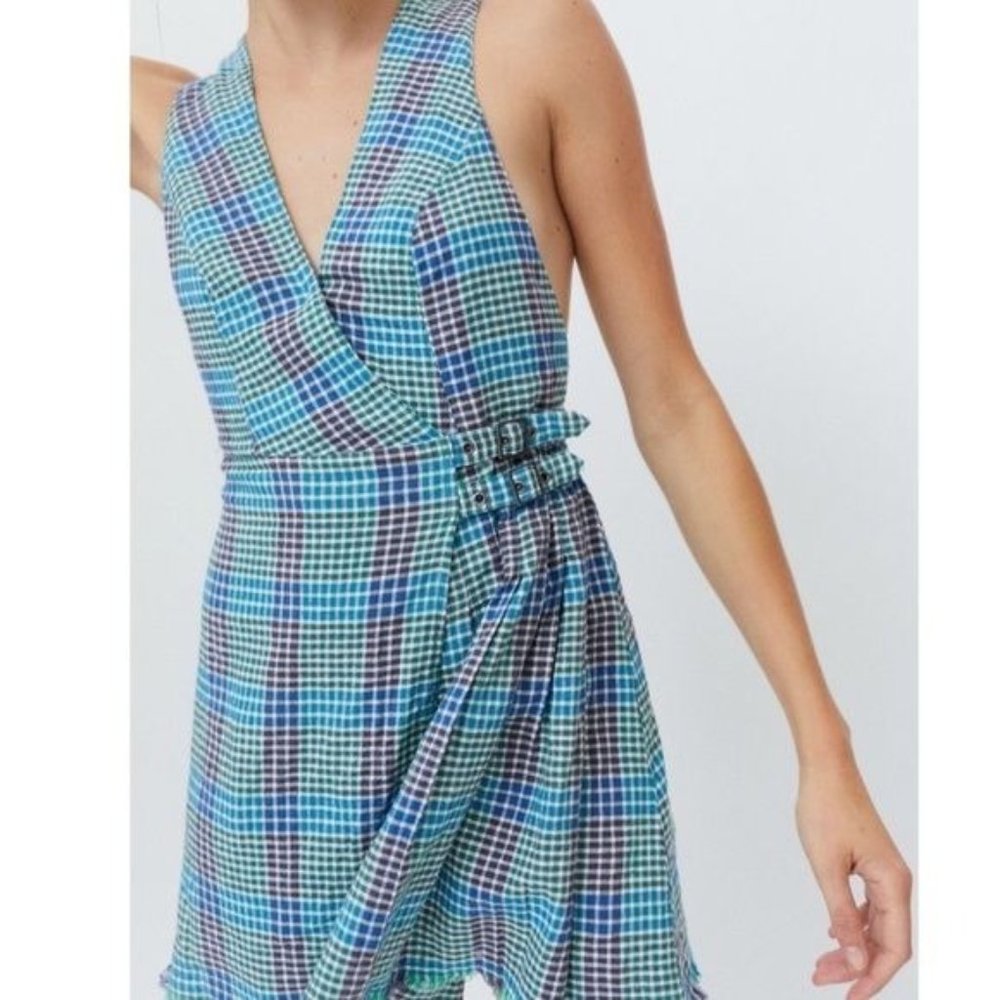 NWT UO Chandler Linen Buckle Wrap plaid Dress size L